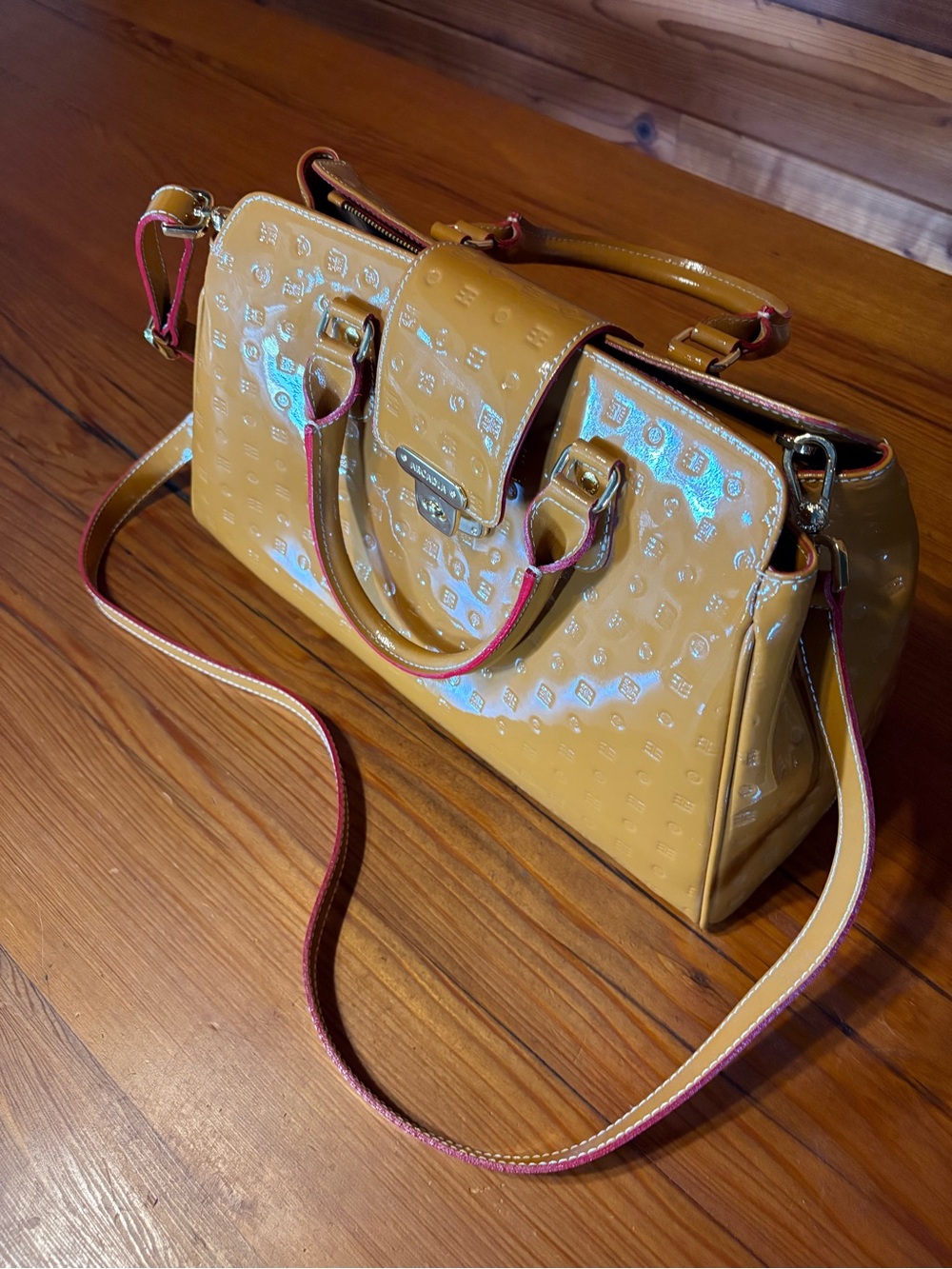 Arcadia Patent Leather Satchel Bag in Mustard Yellow with Red trim